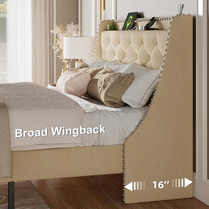 Feonase Queen Bed Frame with Luxury Wingback and Fast Charging Station,Queen Upholstered Button Tufted Storage Headboard Platform Bed,Sturdy Wooden Slats Support,Noise-Free,Easy Assembly, Beige