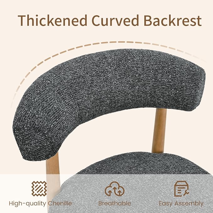 VKNOW Wooden Dining Chairs Set of 6 with Curved Open Back, Orange | Natural Rubberwood Legs, Soft Chenille Fabric, Thickened Cushion, For Adults and Family, Dining Room, Kitchen, No Wobble