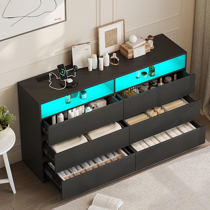 6 Drawer Dresser for Bedroom 47" Wooden Black Dressers Chests of Drawers | Double Closet Storage Cabinet w/ Charging Station LED RGB Lights 2 Open Shelves Modern Dresser TV Stand for Living Room