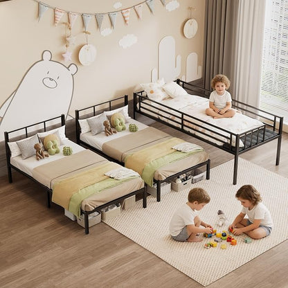 Metal Triple Bunk Bed, Twin Over Twin Over Twin, Black | Charging Station, Heavy Duty Frame, Guardrails and Ladder, Converts to Separate 3 Twin Beds, For Teens Bedrooms