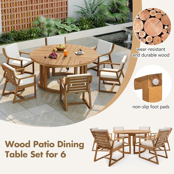Quarte 7-Piece Patio Dining Table Set, Round Dining Table with 1.96" Umbrella Hole, Outdoor Wooden Patio Furniture Set for Garden, Backyard and Pools (Light Teak-7)