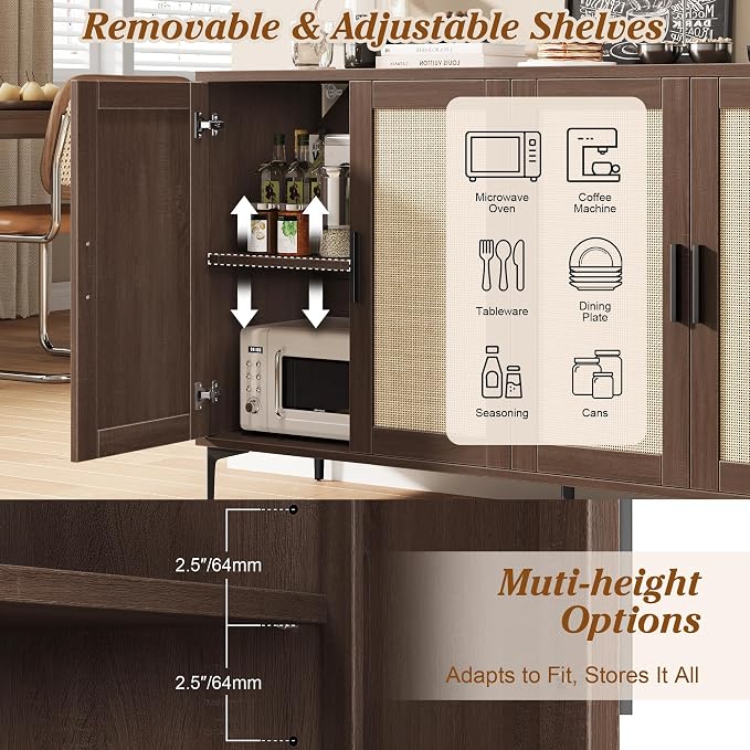 JASIWAY 48" Rattan Buffet Cabinet with Storage, Walnut Coffee Bar Cabinet | Storage Buffet With Doors and Adjustable Shelves, Sideboard Console for Kitchen, Dining Room, Living Room, Anti-Tip