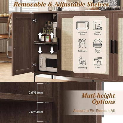 JASIWAY 48" Rattan Buffet Cabinet with Storage, Walnut Coffee Bar Cabinet | Storage Buffet With Doors and Adjustable Shelves, Sideboard Console for Kitchen, Dining Room, Living Room, Anti-Tip
