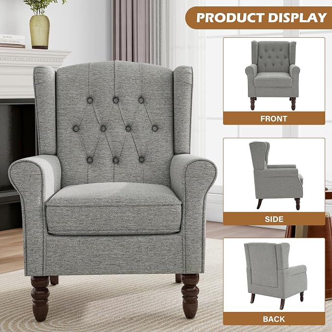 Pia Ricco High Back Floral Accent Chair - Retro Wingback Upholstered Armchair with Nailhead Trim, Solid Wood Legs, Fabric Living Room Bedroom Reading Chair (Light Gray)
