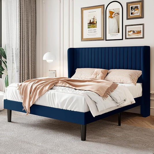 SHA CERLIN Queen Size Velvet Bed Frame with Vertical Channel Tufted Wingback Headboard, Upholstered Platform Bed with Wood Slats, No Box Spring Needed, Easy Assembly, Blue