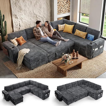 WEUP 111" Modular Sectional Sleeper Sofa with Pull Out Bed, 7 Seat Plush Corduroy L Shaped Couch with Storage Chaise|USB Ports|Cup Holders|Side Table|Storage Armrests, Tool Free Assembly, Grey