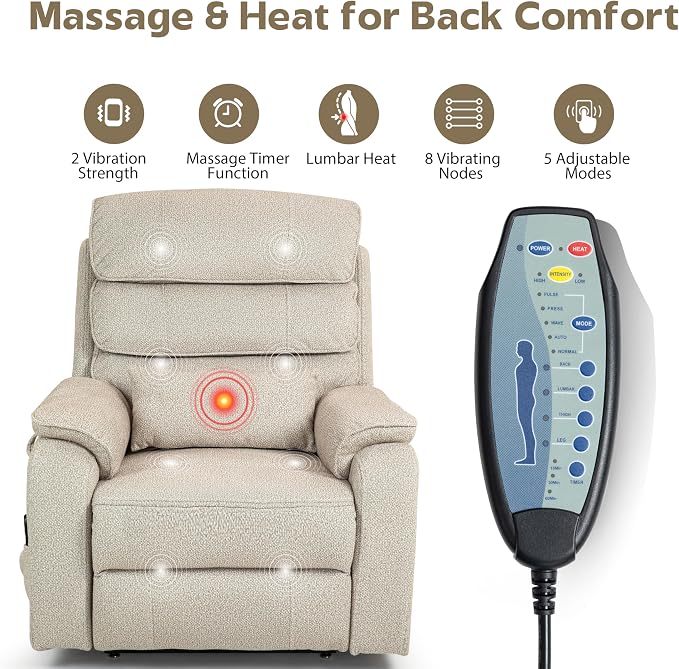 JIKFRIMA Power Lift Recliners Chairs for Elderly Adults Lay Flat Recliner with Heat & Massage, Wireless Charging Device, USB Ports, Cup Holder, Lumbar Pillow, 400Lbs（Grainy Fibric,Oatmeal）