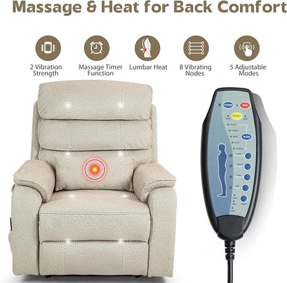 JIKFRIMA Power Lift Recliners Chairs for Elderly Adults Lay Flat Recliner with Heat & Massage, Wireless Charging Device, USB Ports, Cup Holder, Lumbar Pillow, 400Lbs（Grainy Fibric,Oatmeal）