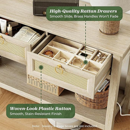 SUPERJARE Rattan Console Sofa Table with Outlets and USB-C Port, 3 Drawer Entryway Table with Synthetic Rattan Surface, Open Shelf, Behind Couch Entry Foyer Hallway Storage, Light Gray
