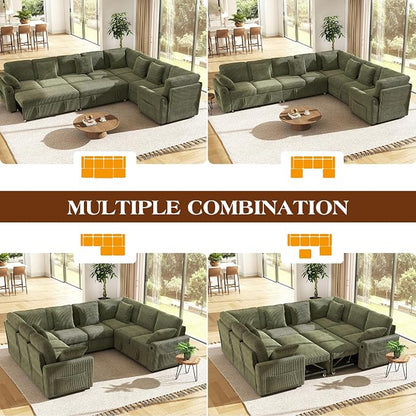 Ihanherry 8-Seater Large Sectional Sofa Bed with Storage Lovescat, Corduroy Modular Sleeper Sofa with USB Port & 6 Pillows, 110" U-Shaped Convertible Couch for Large Living Room（Green）