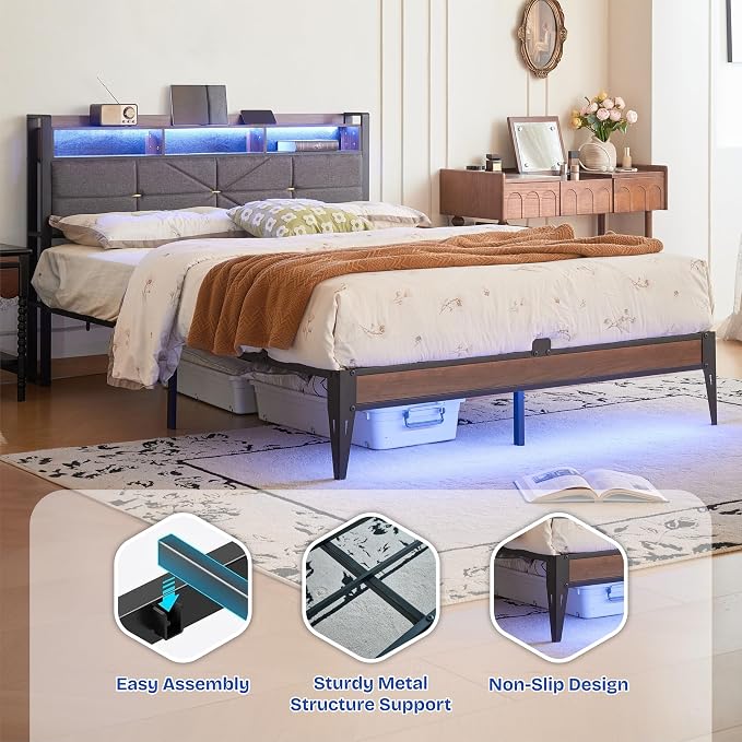 Queen Size Bed Frame with Headboard, Upholstered Platform Bed Frame with Charging Station, Dual LED Light Strips, 2-Tier Storage Shelves, Heavy Duty Metal frame, Noise-Free, No Box Spring Needed