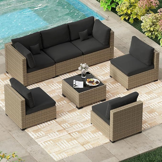 LHBcraft 7 Piece Outdoor Patio Furniture Set, Wicker Patio Furniture Set Outdoor Patio Sectional Sofa for Backyard Rattan Patio Seating with Black Cushion