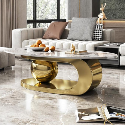 49.2" Modern Oval Marble Coffee Table – Gold Stainless Steel Base, Scratch-Resistant, Easy Assembly
