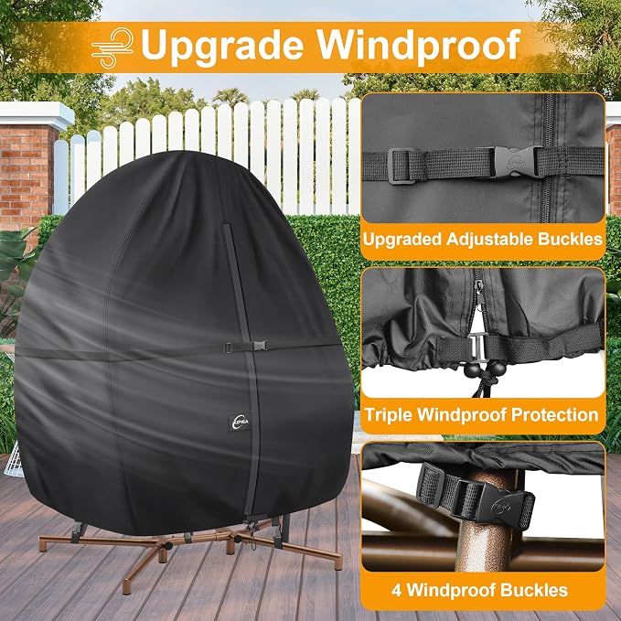 Kipiea Patio Egg Chair Covers Waterproof, 500D Upgraded Outdoor Hanging Egg Chair Covers with Waterproof Zipper, Double Seat Swing Egg Chair Cover, Windproof, Anti-UV, No Tears (Up to 80" W x 91" H)