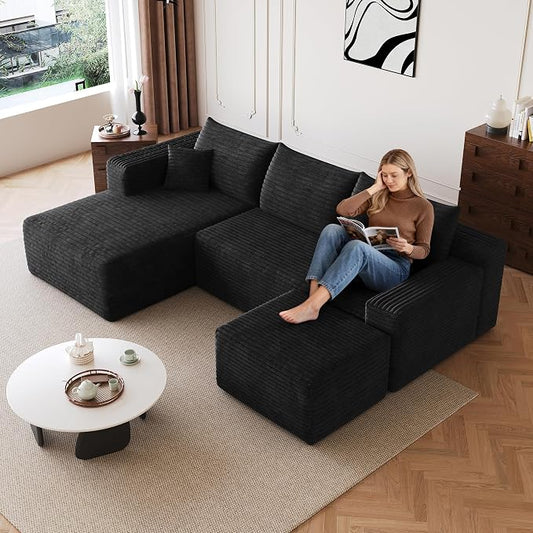 95'' Cloud Sectional Sofa Boneless Couch for Living Room, Minimalist Left Facing Compressed Couch with Chaise Lounge and Ottoman, Plush Corduroy Deep Seat Memory Foam Sofa