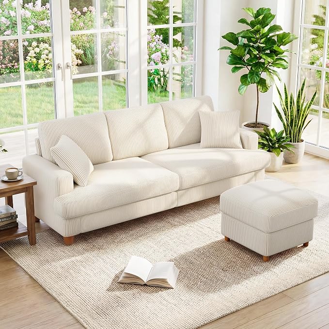 Kidirect 87in L Shaped Couch, Modular Sofa No Tool Assembly, Comfy Sectional Couches for Living Room 21in Deeper Seats, Corduroy Sofas for Living Room with 2 Pillows, Loveseat Sofa Set, Beige Couch