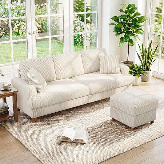 Kidirect 87in L Shaped Couch, Modular Sofa No Tool Assembly, Comfy Sectional Couches for Living Room 21in Deeper Seats, Corduroy Sofas for Living Room with 2 Pillows, Loveseat Sofa Set, Beige Couch