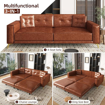 92.1'' King Pull Out Sofa Bed, Convertible Futon Couch, 3-in-1 Faux Leather Sleeper Sofa with Tufted Back, 2 Pillows, Gold Legs, Deep Folding Loveseat for Living Room, Apartment, Light Brown