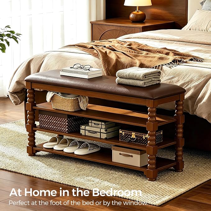 Homleke 3-Tier Solid Wood Shoe Rack Bench with Classic Turned Ball Legs | Tall Entryway Bench with Leather Seat, Holds Up to 12 Pairs, for Hallway, Bedroom and Closet, Walnut, 39.4 Inch