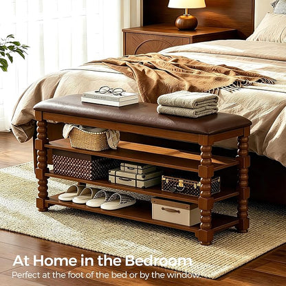 Homleke 3-Tier Solid Wood Shoe Rack Bench with Classic Turned Ball Legs | Tall Entryway Bench with Leather Seat, Holds Up to 12 Pairs, for Hallway, Bedroom and Closet, Walnut, 39.4 Inch