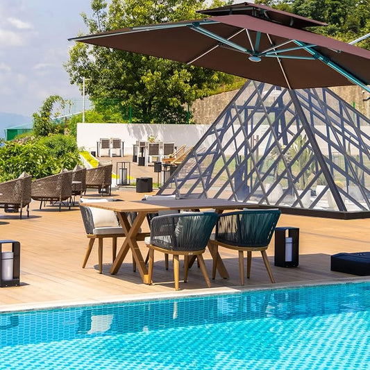PURPLE LEAF 5 Pieces Patio Dining Set Wicker Outdoor Furniture Rectangular Table and Chairs Set for Garden Deck Teak-Finish Aluminum Frame Backyard Kitchen Set, Cushions and Pillows Included