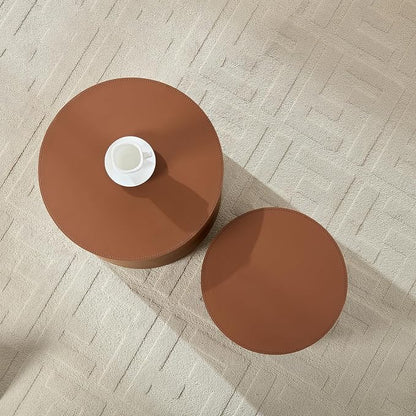 Round Coffee Table Set of 2, Modern Leather Circle Accent Tables, Minimalist Wooden Drum Side Table for Small Spaces Living Room Bedroom Balcony Office. Brown