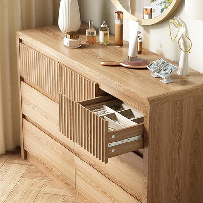 LYNSOM 7 Drawer Dresser for Bedroom, 50" Wide Fluted Dresser with Curved Corners, Wood Dressers & Chests of Drawers with Dual-Panel Design for Bedroom, Entryway, Oak