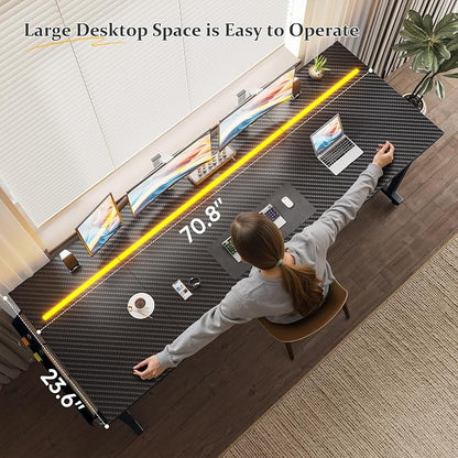 DurayLoly 71" Gaming Desk with LED Lights, Large Office Desk for 3 Monitors or 2 laptops,Long Desk with Storage Bag&Headphone Hook for Study Writing Work Wood Desk,Sturdy Metal Frame,Black