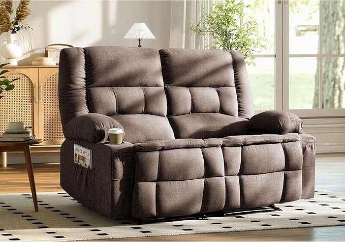 Loveseat Recliner Sofa, Wall Hugger Reclining Loveseat with Cup Holders & Storage Pockets, 150° Adjustable RV Couch, Traditional 2-Seat Reclining Couch for Living Room, RV, Home Theater, Brown