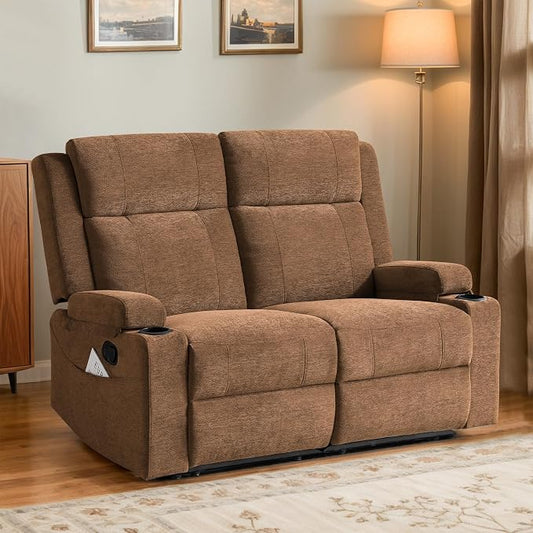 55" RV Loveseat Recliner – Space-Saving Double Reclining RV Sofa, Compact Theater Seating with Cup Holders & Storage Pocket, Brown Chenille Couch for Camper, Motorhome & Home Theater