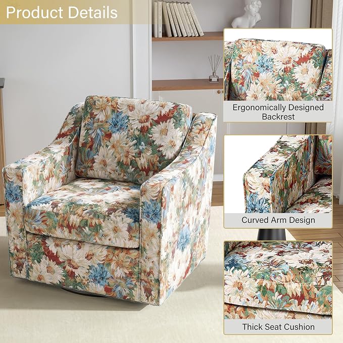 Swivel Accent Chair, 360° Swivel Upholstered Club Armchairs for Living Room, Comfy Fabric Single Sofa Reading Chair with Deep Seat, Metal Swivel Base, Orange Blooms