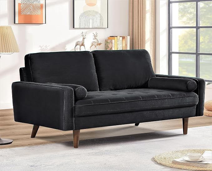 Container Furniture Direct Velvet Tufted Sofas for Living Room, Classic Mid-Century Style with Modern Silhouette, Button Tufting and Wood Legs, Includes 2 Bolster Pillows, Loveseat, Black