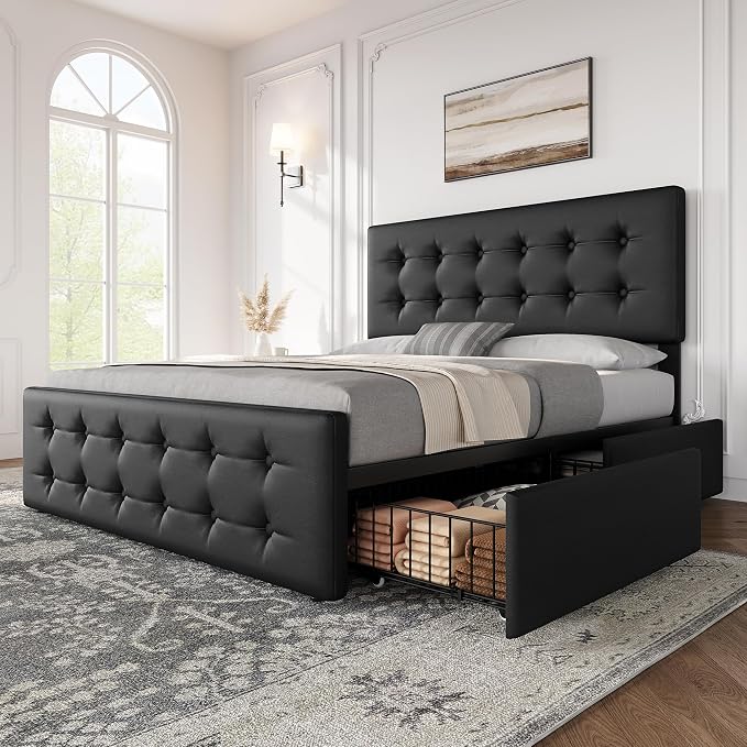 IDEALHOUSE Full Size Bed Frame with 4 Storage Drawers and Headboard, Faux Leather Upholstered Platform Bed Frame with Wooden Slats Support, Button Tufted Design, No Box Spring Needed, Black
