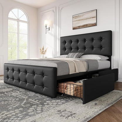 IDEALHOUSE Full Size Bed Frame with 4 Storage Drawers and Headboard, Faux Leather Upholstered Platform Bed Frame with Wooden Slats Support, Button Tufted Design, No Box Spring Needed, Black