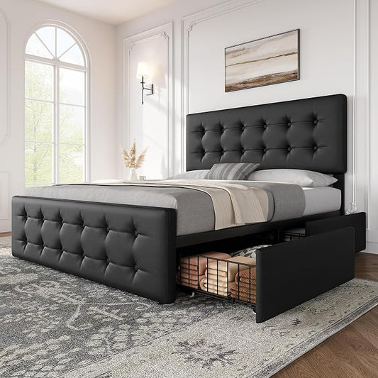 IDEALHOUSE Full Size Bed Frame with 4 Storage Drawers and Headboard, Faux Leather Upholstered Platform Bed Frame with Wooden Slats Support, Button Tufted Design, No Box Spring Needed, Black