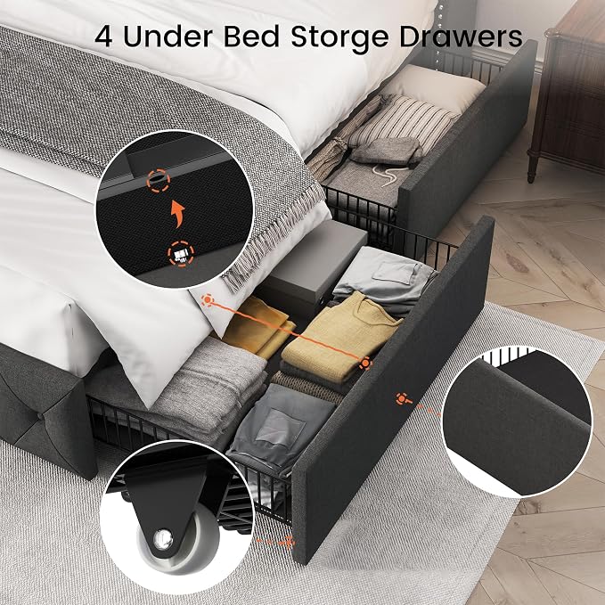 LARMACE Full Size Bed Frame with 4 Storage Drawers and 47.2" Tall Wingback Headboard Linen Upholstered Platform Bed Frame Tufted Beds with Wooden Slats Support, Easy Assembly, Dark Grey