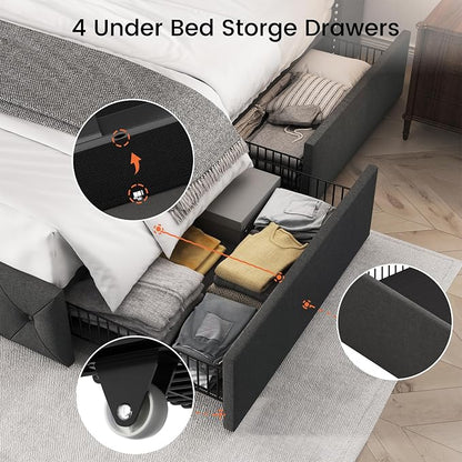LARMACE Full Size Bed Frame with 4 Storage Drawers and 47.2" Tall Wingback Headboard Linen Upholstered Platform Bed Frame Tufted Beds with Wooden Slats Support, Easy Assembly, Dark Grey