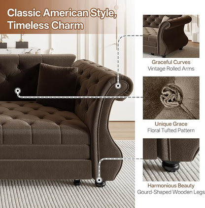 83.8" Oversized Pull Out Sofa Bed, Chesterfield Velvet Sleeper Sofa Couch with Roll Arm & Flower Tufting, Heavy Duty Metal Frame Convertible Sofa for Living Room, Apartment, Guest Room, Brown