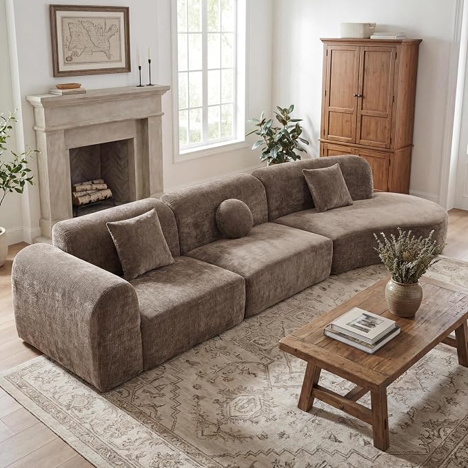 Christopher Knight Home Grelyn 140" Modular Sectional Sofa Couch, Wool Fabric Boneless Cloud Couch, Fully Compressed Home Sofa Living Room, 3-Piece Lounge Sofa with Chaise, Fully Assembled, Brown