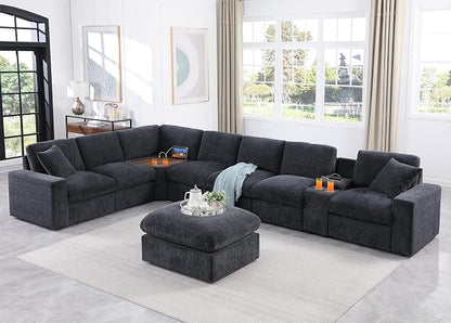 Ball & Cast 157" Oversized Modular L-Shaped Sectional Sofa,Large Chenille Upholstered Couch 8 Seat with Ottoman,Cup Holders&USB Ports,Comfty Sectionals W/Pillows&Storage Box,for Living Room,Dark Gray