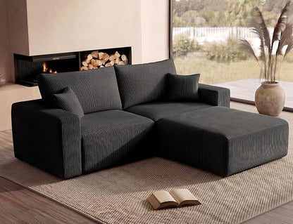 Modular Sectional Sofa with Ottoman, L-Shaped Cloud Couch, 79" Memory Foam Boneless Loveseat with Chaise, No Assembly Required Corduroy Frameless Sofa for Small Living Room Apartment Home Decor, Black