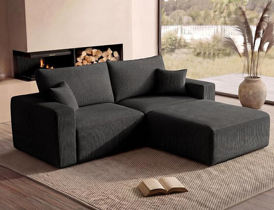 Modular Sectional Sofa with Ottoman, L-Shaped Cloud Couch, 79" Memory Foam Boneless Loveseat with Chaise, No Assembly Required Corduroy Frameless Sofa for Small Living Room Apartment Home Decor, Black