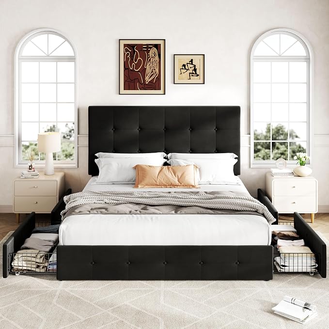 Allewie Upholstered Queen Size Platform Bed Frame with 4 Storage Drawers and Adjustable Headboard, Square Button Tufted, Wooden Slats Support, Noise-Free, No Box Spring Needed, Easy Assembly, Black