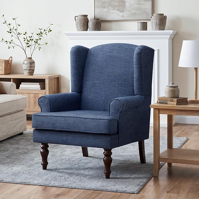 HUIMO Printed Wingback Accent Chair, Linen Upholstered High Back Armchair, Comfy Reading Chair for Living Room Bedroom Study, 300lbs Weight Capacity (1, Navy Blue)