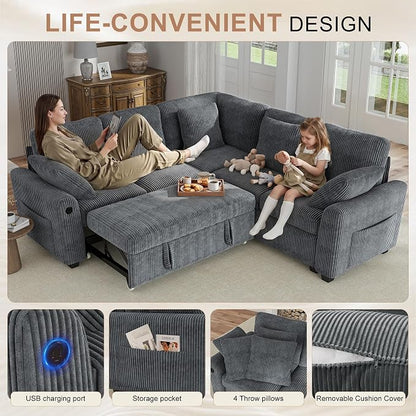 Hanherry Sectional Couch with Pull Out Sofa Bed,Corduroy Sleeper Sofa with 2 Seat Storage & USB Charging,Comfy L Shaped Modular Couches for Living Room,Apartment