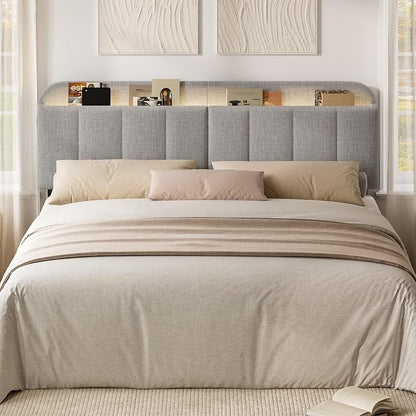 Headboard for King/California King Size Bed, Upholstered Bed HeadBoard with Storage, Linen Fabric Head Board with Vertical Channel Design, Height Adjustable, Easy to Assemble, Light Grey