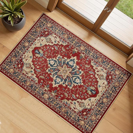 RELEANY Area Rugs Small 2'x4' Washable Non-Slip, Floral Vintage Distress Medallion Carpet for Kitchen Entryway Bathroom, Red Blue