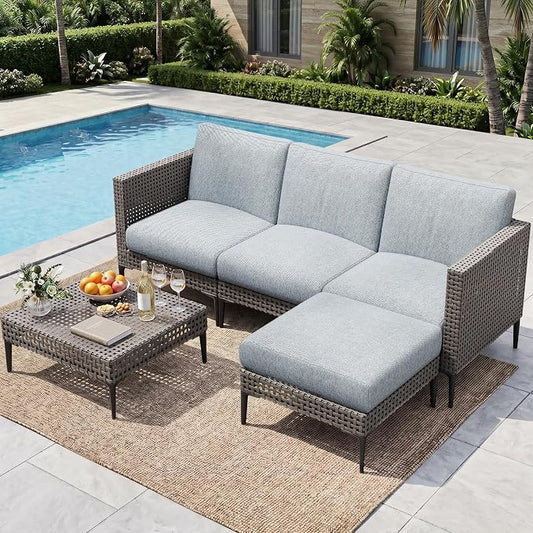 Jocoevol 5 Pieces Outdoor Patio Conversation Set – Rattan L-Shaped Corner Sofa Comfortable Thickening Cushions for Garden, Balcony,Weatherproof Waterproof UV Resistance