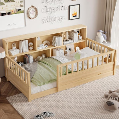 Bellemave Twin Size Montessori Floor Bed with Bookcase, Twin Floor Bed with High Fence and Storage Shelves, Easy Assemble Montessori Beds Frame for Girls, Boys, Natural