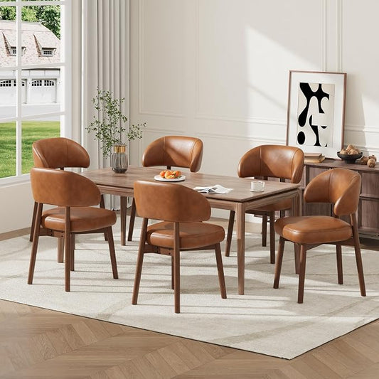 MALOL Wooden Dining Chairs Set of 6, Modern Upholstered Dining Room Chair, PU Leather Kitchen Side Chairs with Curved Open Back for Living Room/Restaurant/Cafe, Brown
